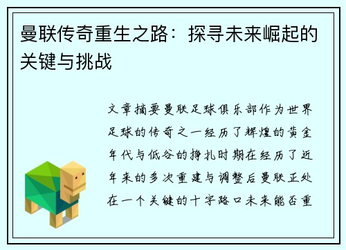 曼联传奇重生之路：探寻未来崛起的关键与挑战